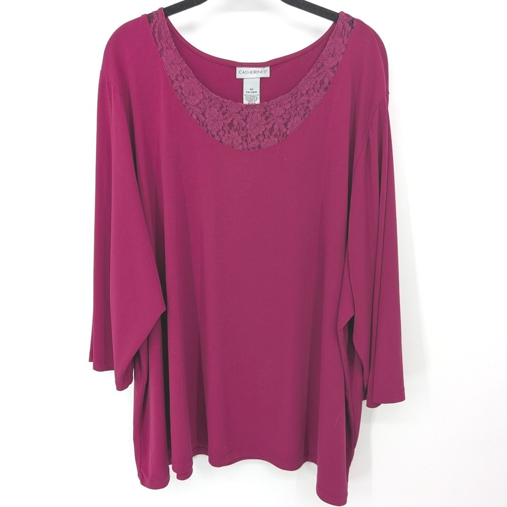 Catherines Blouse Women Plus 3X‎ Magenta Pink Lace Liquid Knit Tunic Top Office